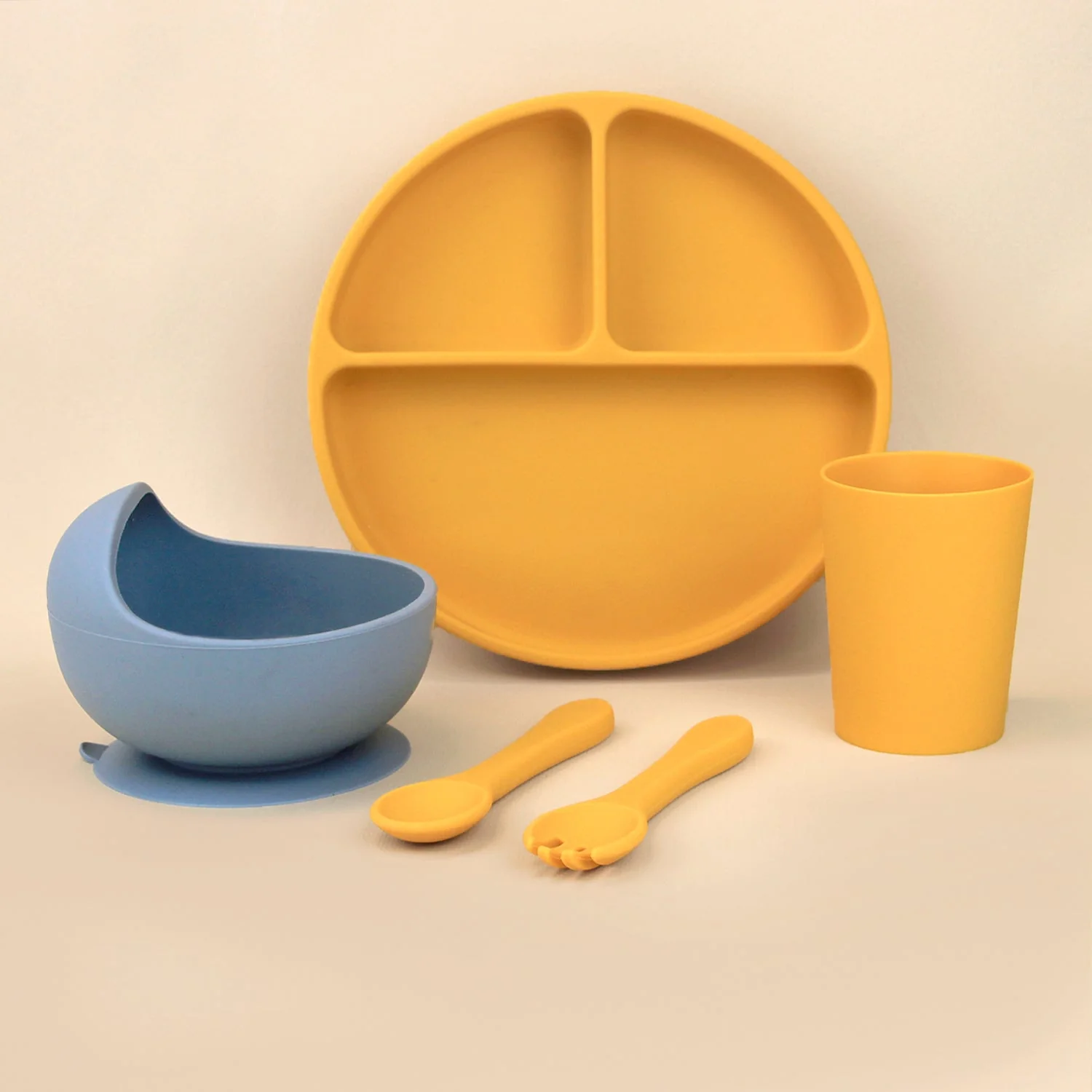 Set de Alimentación para Bebé-Toddler – 5 piezas (Plato, Bowl, Cuchara, Tenedor y Vaso) – Azul y Mango