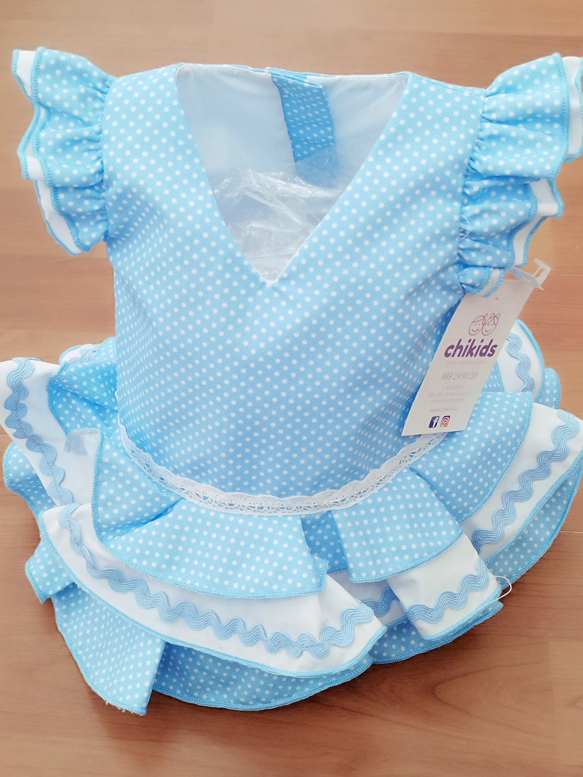 Vestido y braga Flamenca «Rosarillo» celeste 3 a 18 meses.